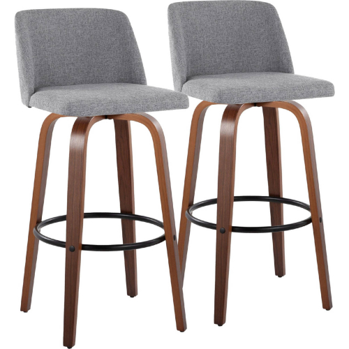 Toriano 30" Swivel Bar Stool in Walnut Wood & Grey Fabric with Black Footrest (Set of 2)